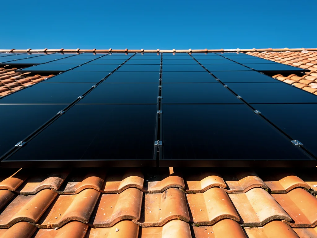 Modules aérovoltaïques noirs posés en bas de pente sur un toit en tuiles