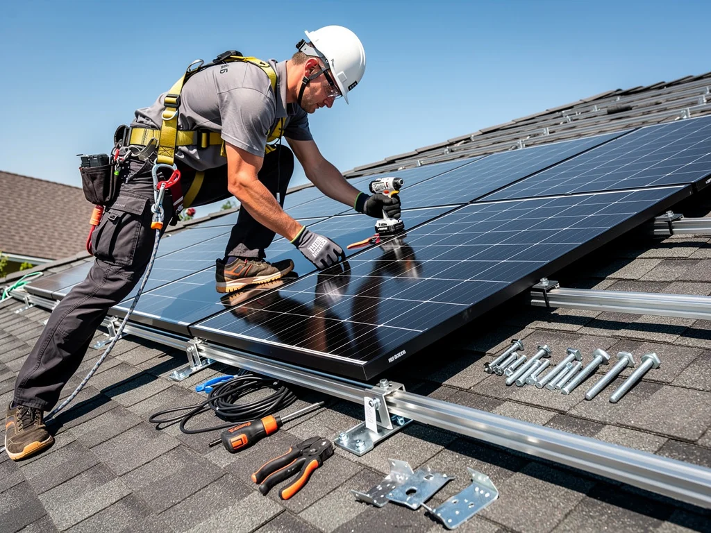 Installateur fixant des panneaux aérovoltaïques sur les rails d'un toit