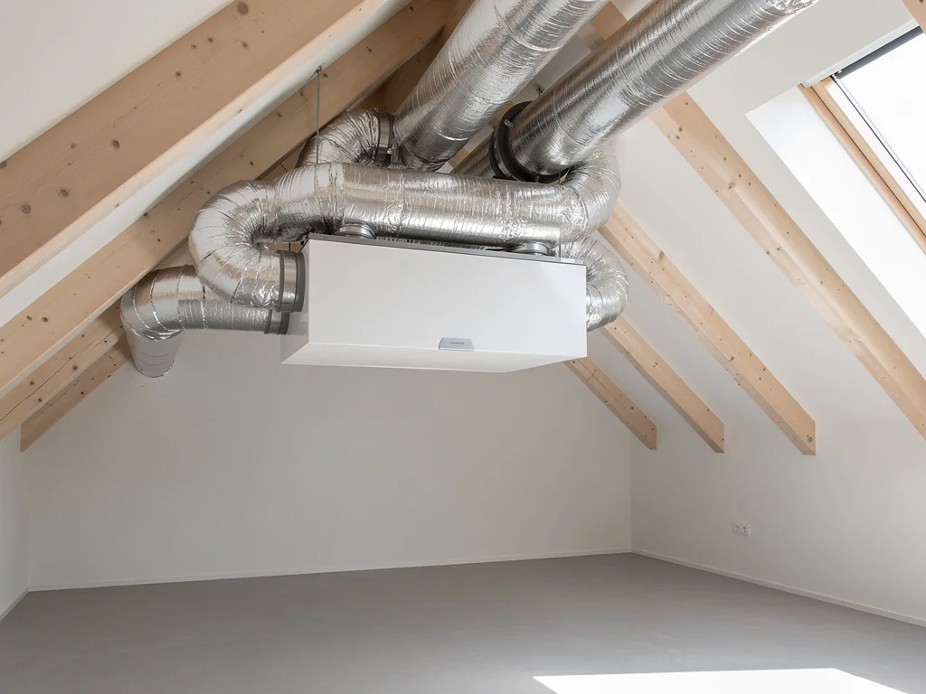 Caisson de distribution d'air chaud et gaines d'un système aérovoltaïque dans des combles