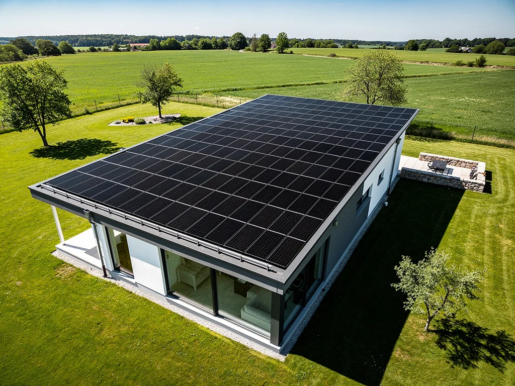 Vue aérienne d'une villa au toit entièrement couvert de panneaux solaires