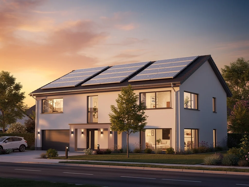 Villa aux panneaux solaires baignés par la lumière orangée du soir